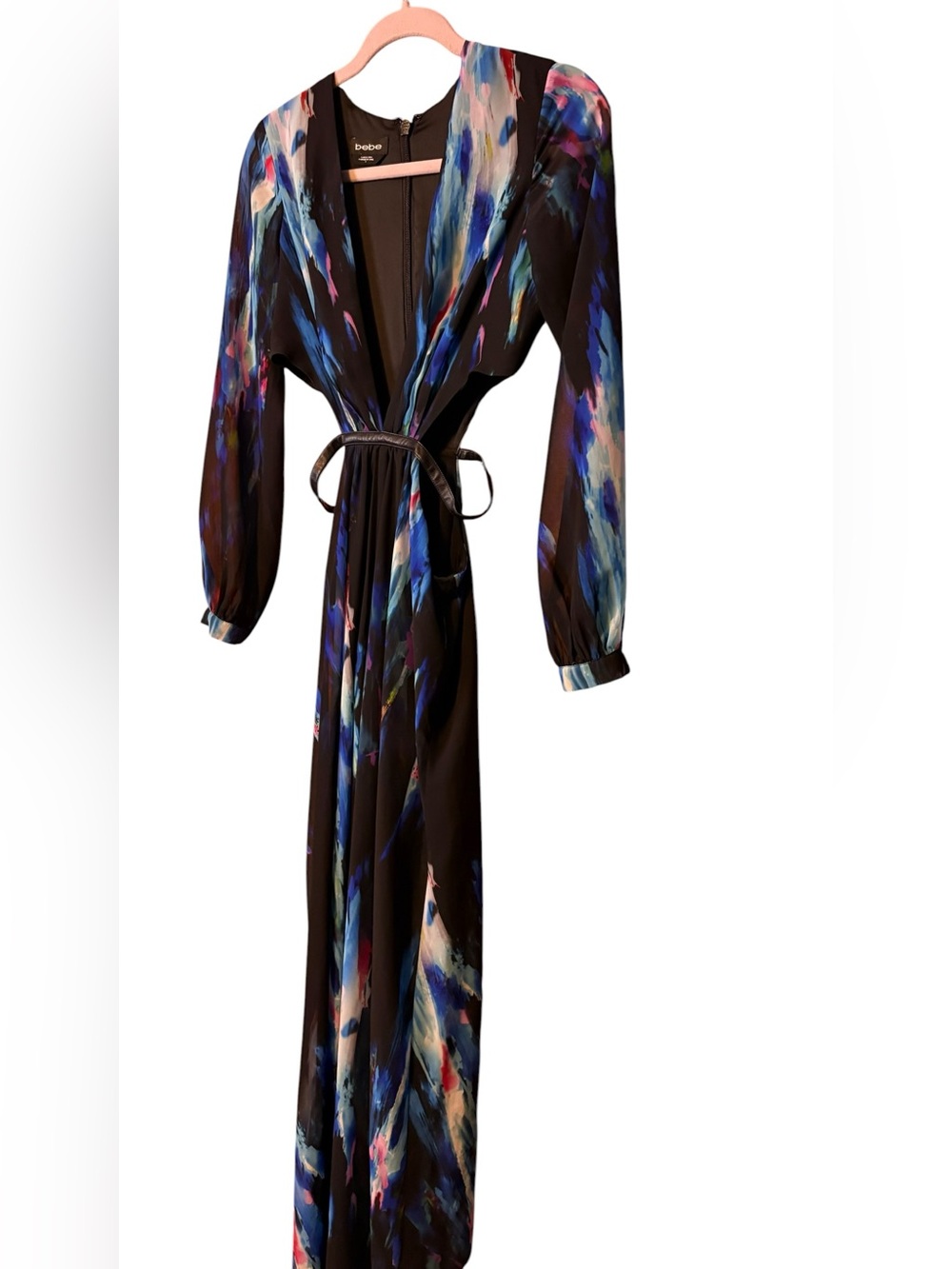 Bebe Abstract Print Cutout Maxi Dress Size 0 Resort Cruise Wedding Guest - Picture 11 of 12